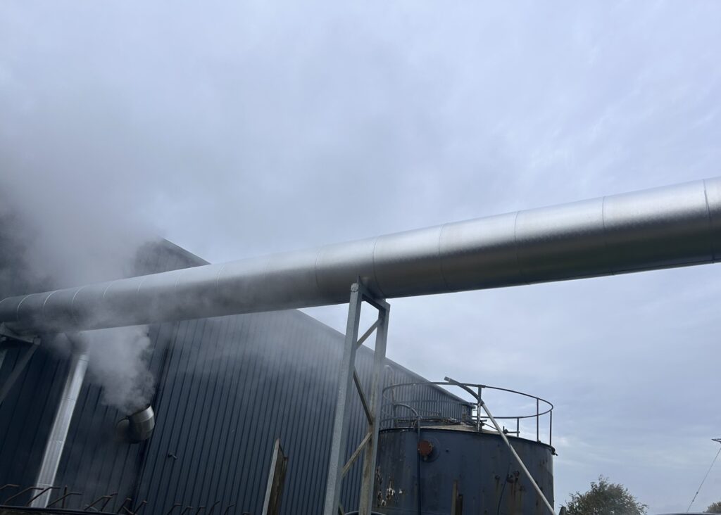Aluminium-clad boiler flue running at high level on steel supports, Co. Meath