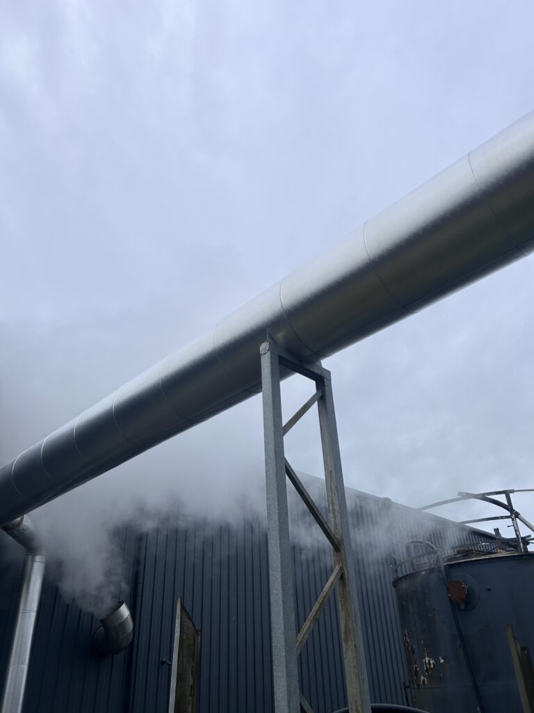 Aluminium-clad flue duct on a steel trestle support, Co. Meath
